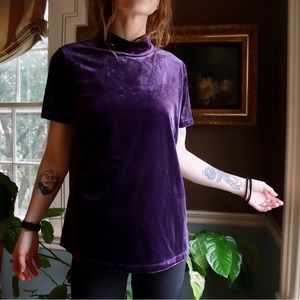 Philosophy Purple Velour Mock Neck Comfy Stretchy Short Sleeve Shirt Blouse Top